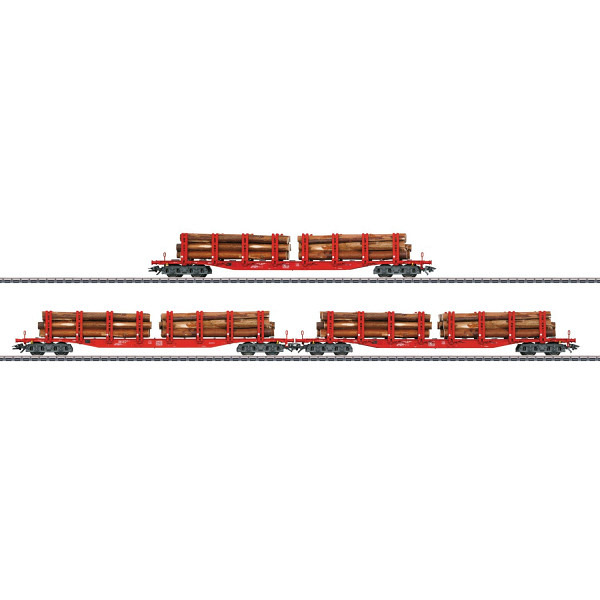 Set mit 3 Rungenwagen Snps 719 der DB mit Echtholz-Beladung 
