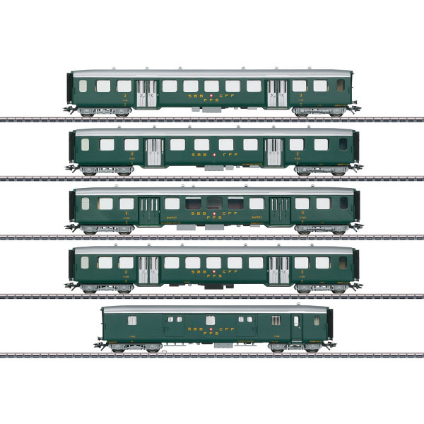 SBB Set mit fünf verschiedenen Leichtstahlwagen mit LED-Innenbeleuchtung. 