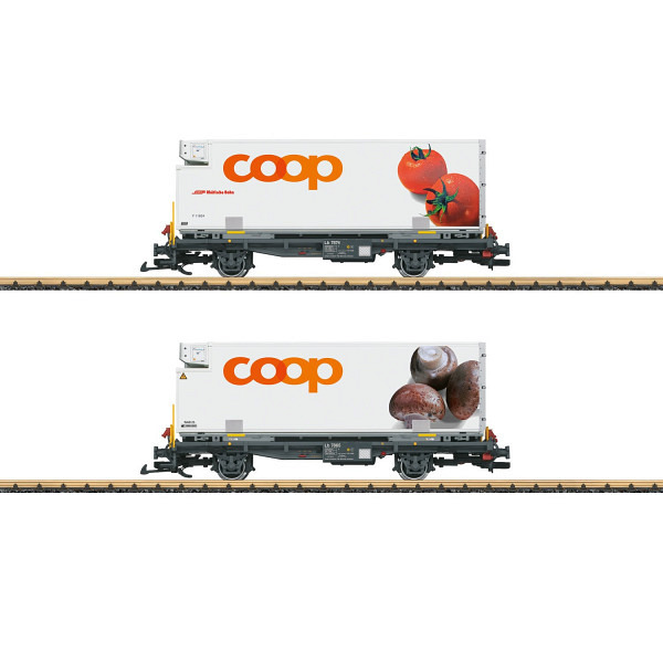 Klicken für Detailansicht RhB Containerwagen Set “coop®“  mit den Motiven Tomaten und Pilze.
