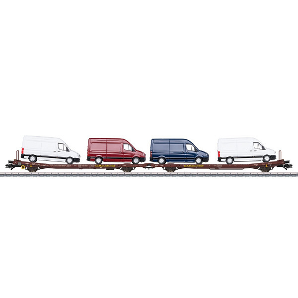 Flachwagen-Paar Laads 800B, beladen mit vier VW Crafter von der Firma Schuco 