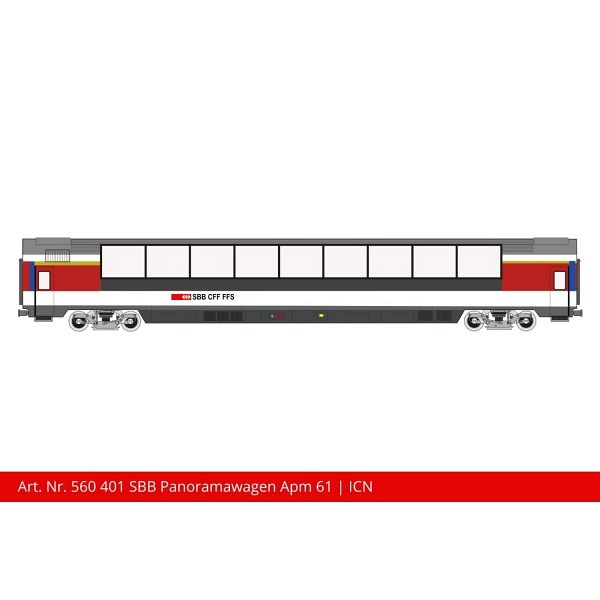 Spur 1:  SBB Panoramawagen Apm 61 85 19-90 111-9, weiss/rot/schwarz, ICN  -  Masstäbliche Länge  L..