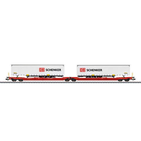 Gelenk-Taschenwagen, DB, beladen mit Sattelaufliegern der Spedition DB Schenker. 