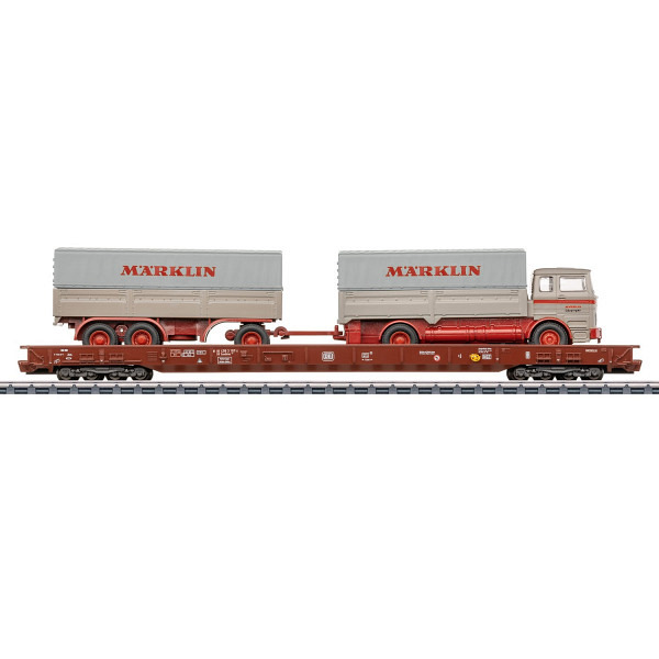 Niederflurwagen, beladen mit einem Anhängerzug  MB 1620 mit "Märklin" - Planen  - mit funkferngesteuertem LKW und beiliegender Funkfernsteuerung
