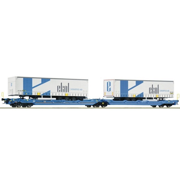 Doppeltaschen-Gelenkwagen T3000e der EUROWAGON   - beladen mit 2 LKW-Aufliegern der Spedition Ekol 