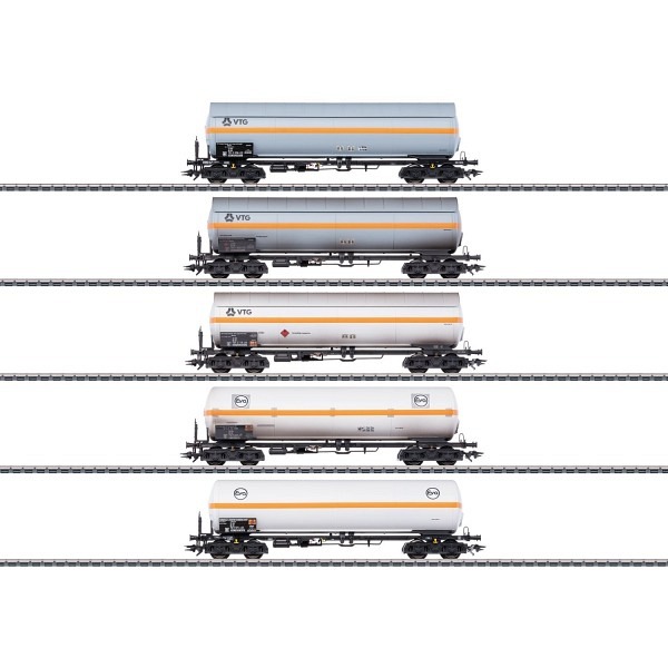 Druckgas-Kesselwagen-Set VTG und Eva - 3 Wagen leicht gealtert, 2 Wagen ohne Alterung 