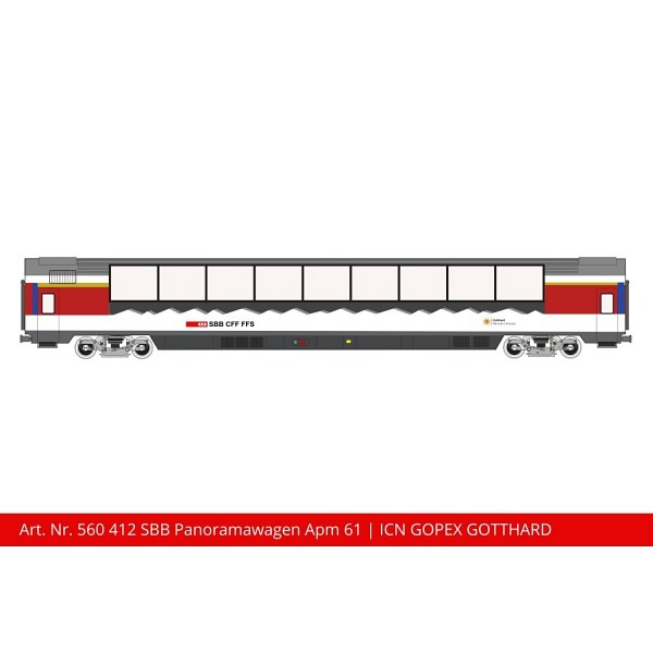 Spur 1:  SBB Panoramawagen Apm 61 85 19-90 107-7, weiss/rot/schwarz, ICN- GOPEX -  verkürzter Läng..