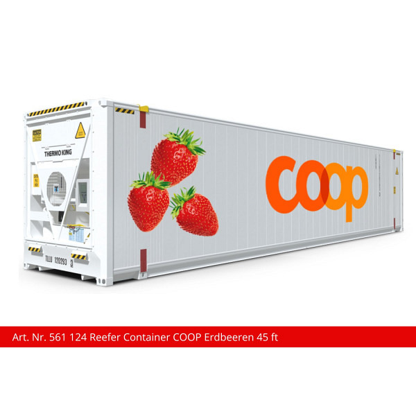 Spur 1:  45 ft Reefercontainer "Coop Erdbeeren" zu Containertragwagen Sgns 