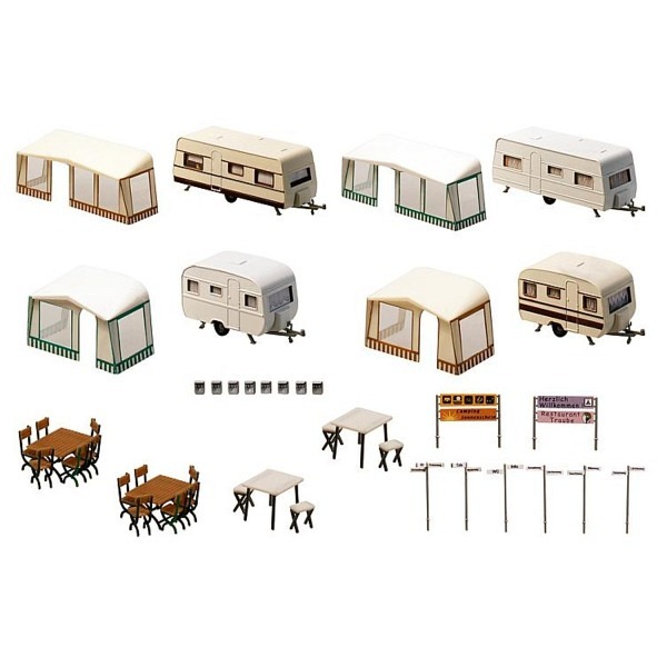 Camping - Wohnwagen - Set, bestehend aus 4 Wohnwagen mit Vorzelten - Rückstand  