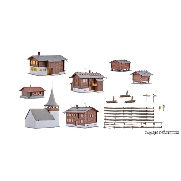 Sertig-Dörfli mit 7 Gebäuden und weiterem Dorf-Zubehör.  - Bausatz    
